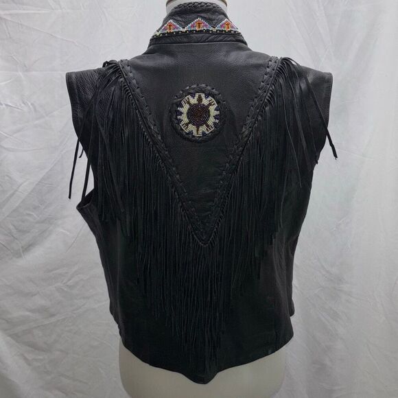 Vtg Tribal America Beads & Fringe Native black leather biker vest XXL - Picture 5 of 10